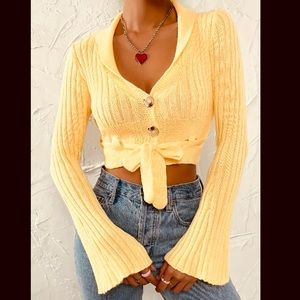 Yellow Bow Tie Knit Cardigan Button Sweater